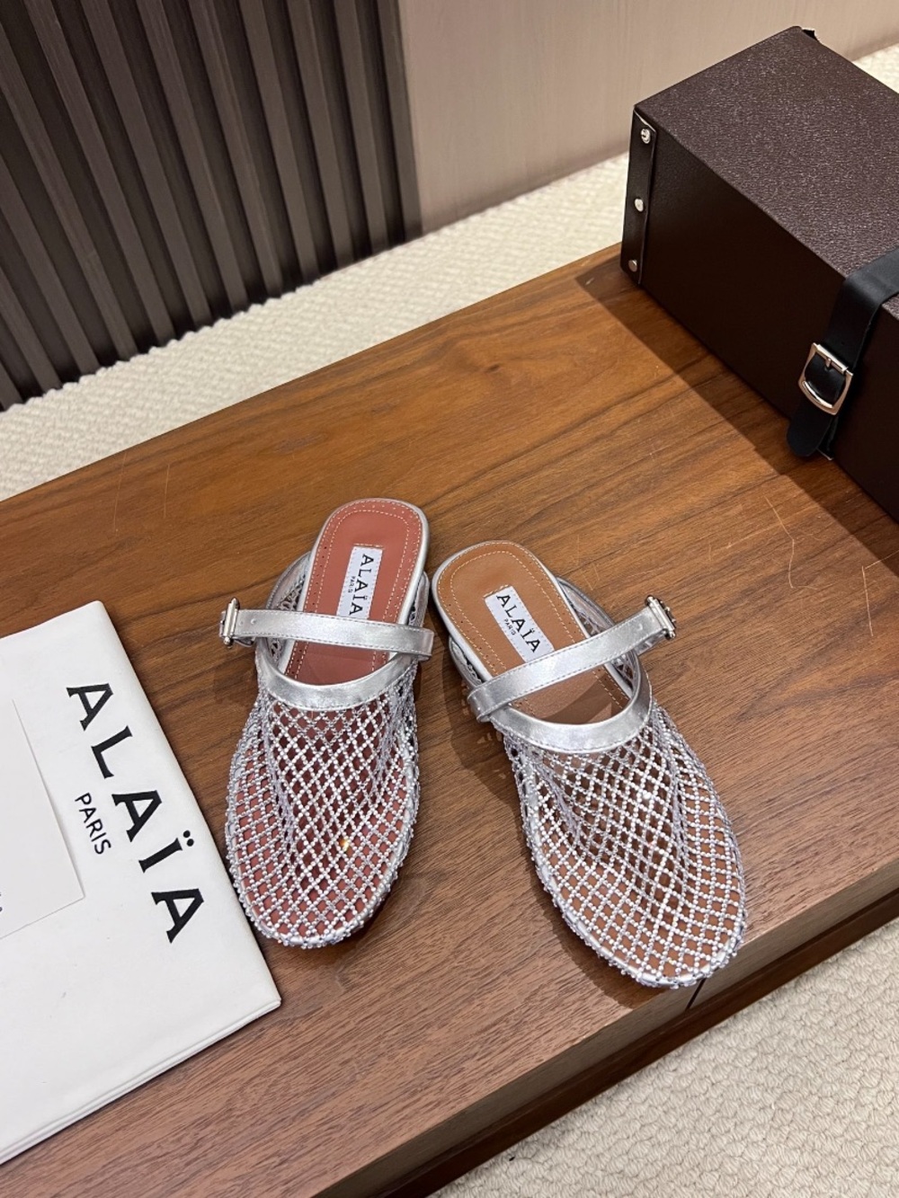 Alaia Silver Metallic Mesh Mary Jane Mules
